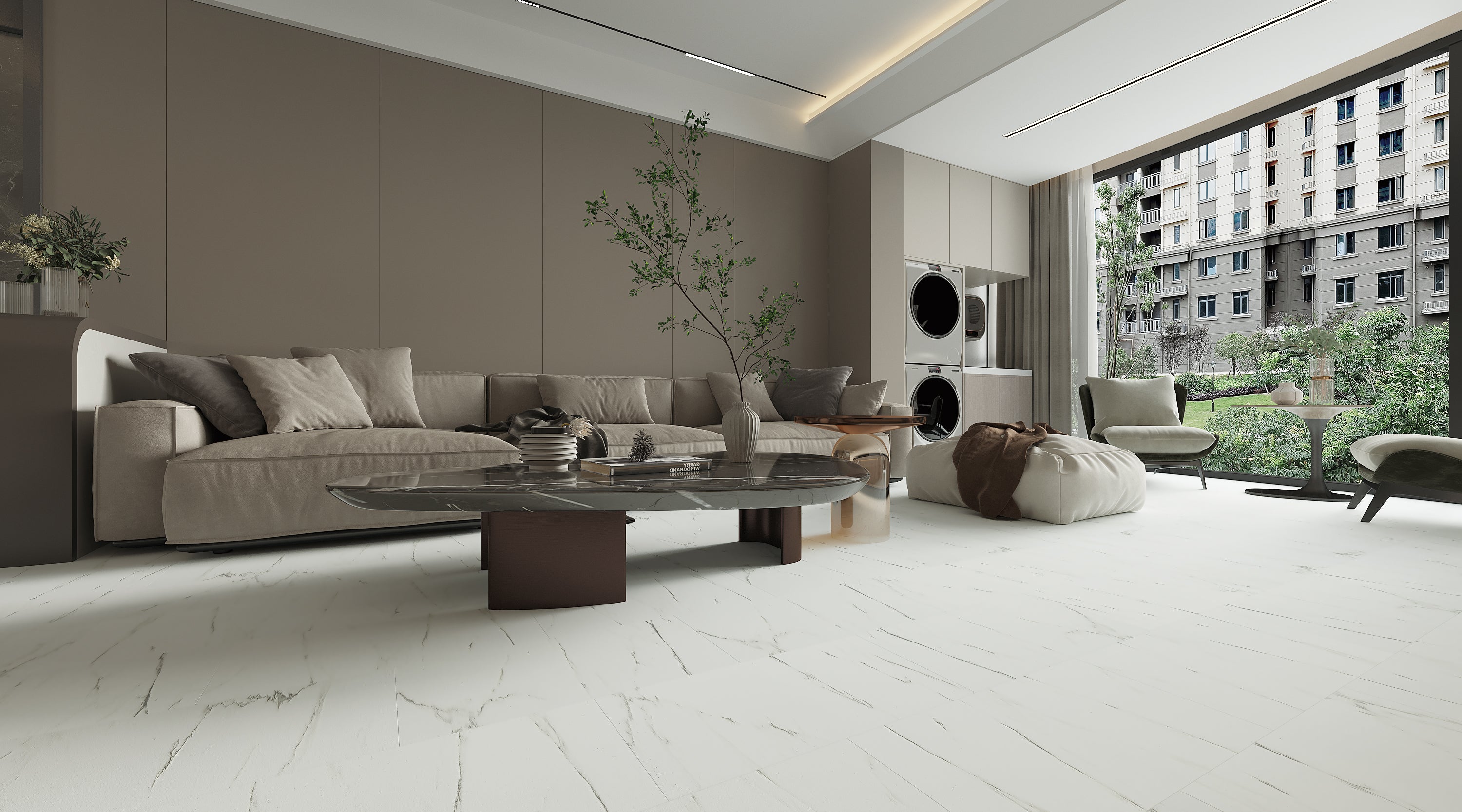 NPOZ heated floor panel in modern living room — white marble finish with warm city garden view