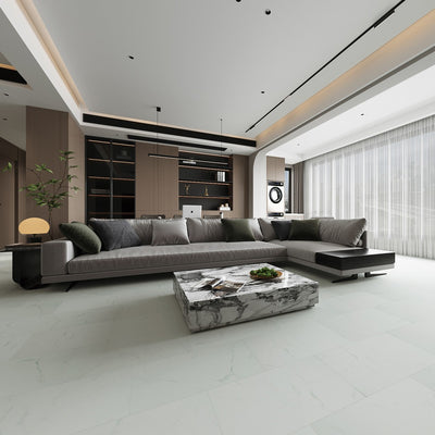 NPOZ White Marble SPC Flooring in Luxury Modern Living Room